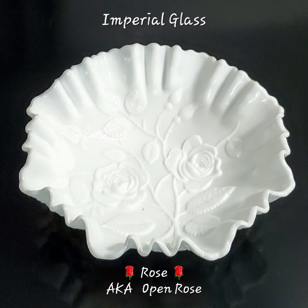 Mid Century Modern Imperial Glass 9.5" Rose Relief Ruffled White Milk Glass Bowl